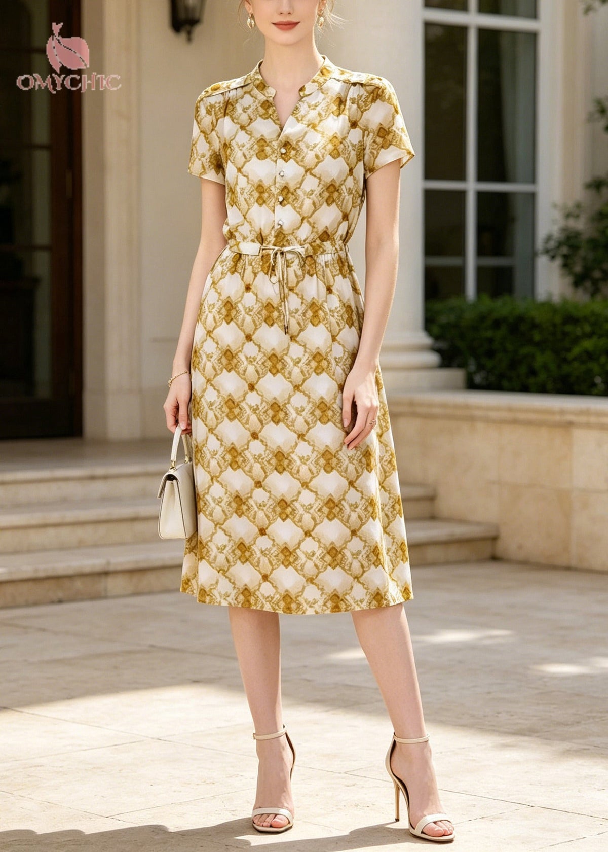 Satin Geometric Print Mandarin Collar Tie Waist Shirt Midi Dress - View 3
