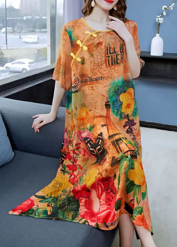 Graphic Collage Print Round Neck Frog Button Short Sleeve Midi Dress