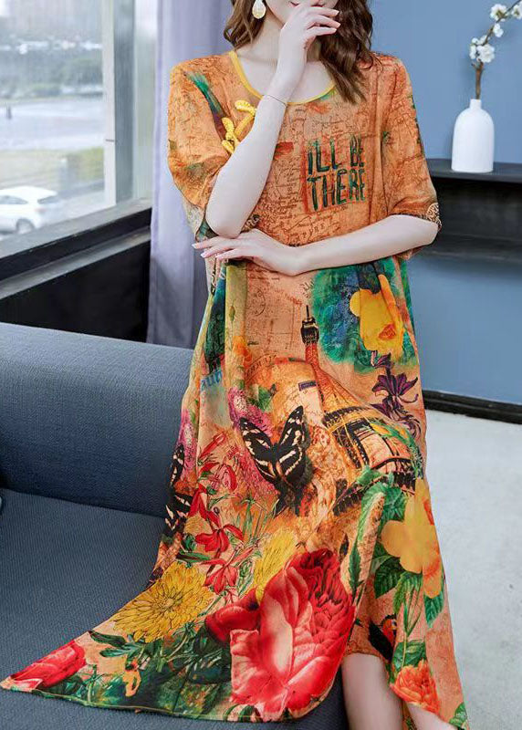 Graphic Collage Print Round Neck Frog Button Short Sleeve Midi Dress - View 3