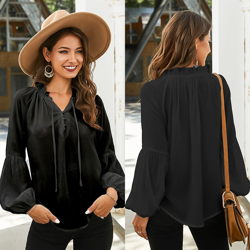 Women drawstring neck lantern Long Sleeve Chiffon Shirt Solid Color Tops Plus Size Blouse - Fashionpara