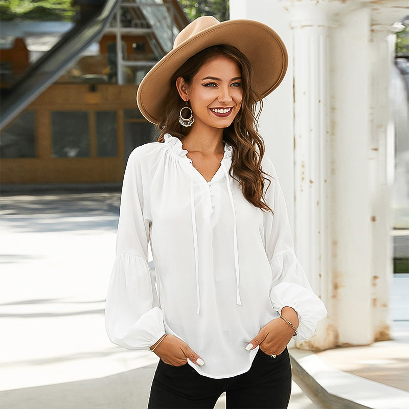 Women drawstring neck lantern Long Sleeve Chiffon Shirt Solid Color Tops Plus Size Blouse - Fashionpara