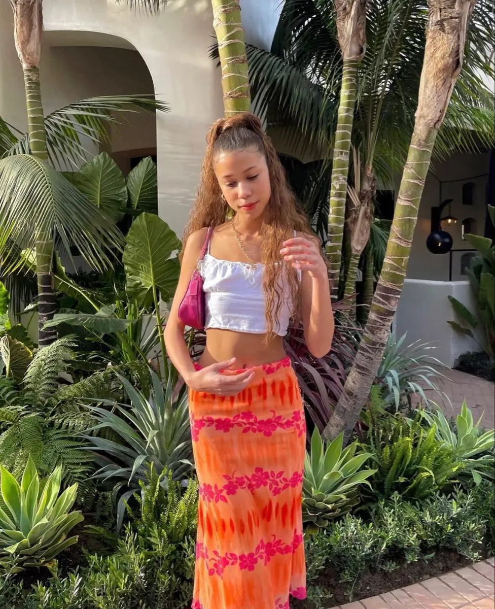 Aesthetic Floral Printed Skirt Bright Boho Casual Beach Skirt