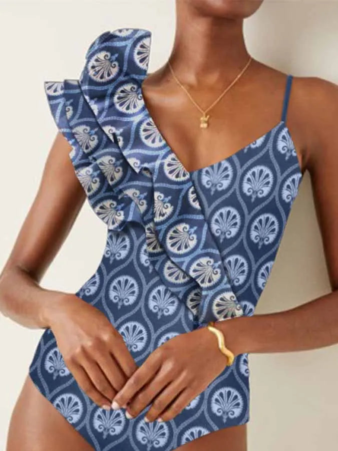 Blue Printed Deep V One Piece Swimsuit