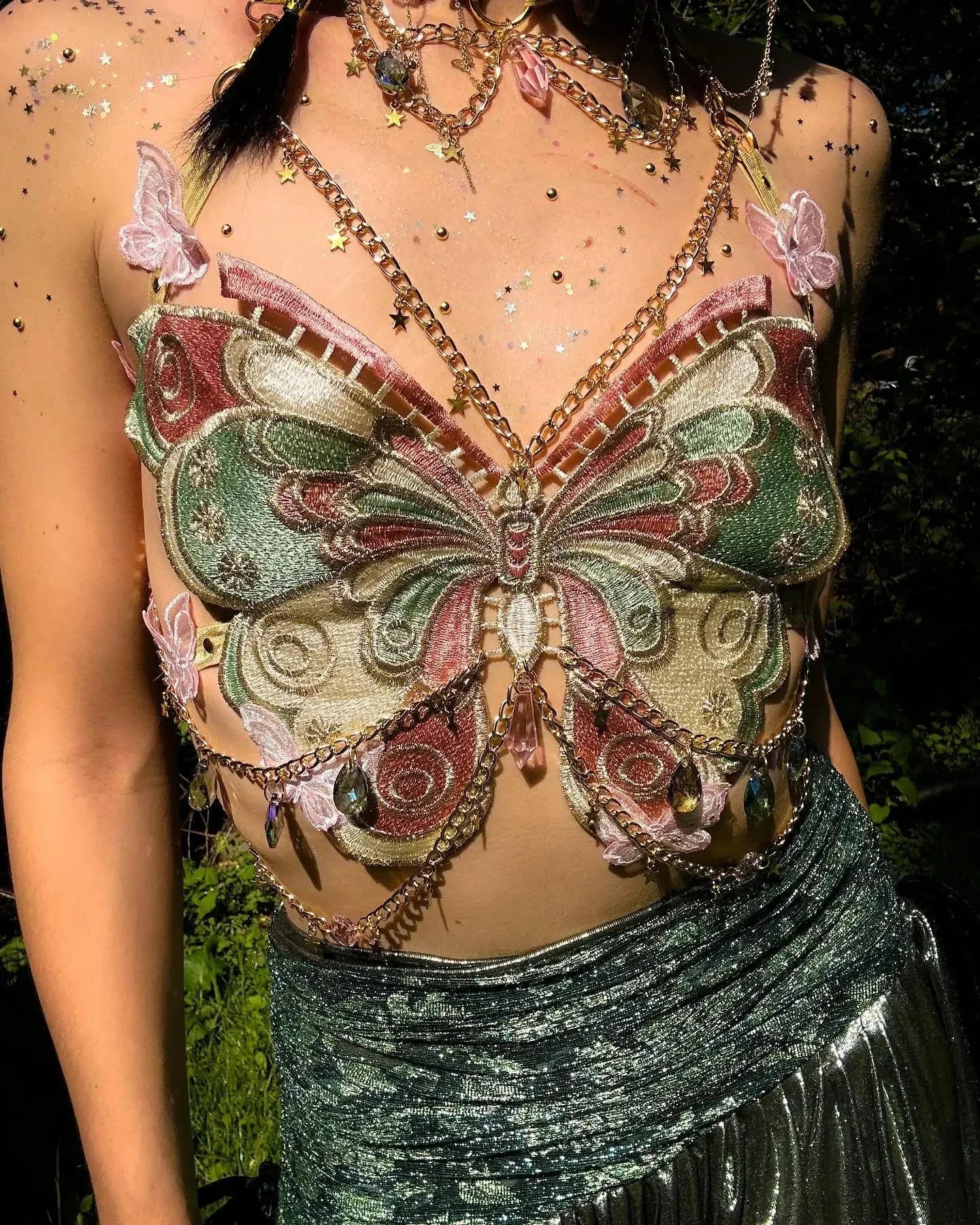 Butterfly Embroidered Crystal Chain Backless Crop Top
