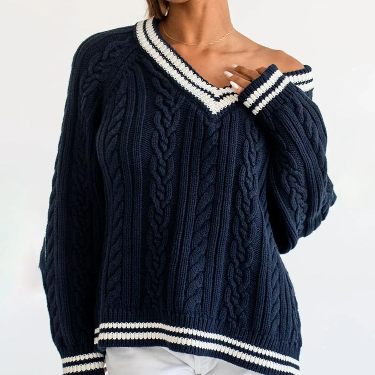 Cable Knit Loose Contrast Trim Sweater