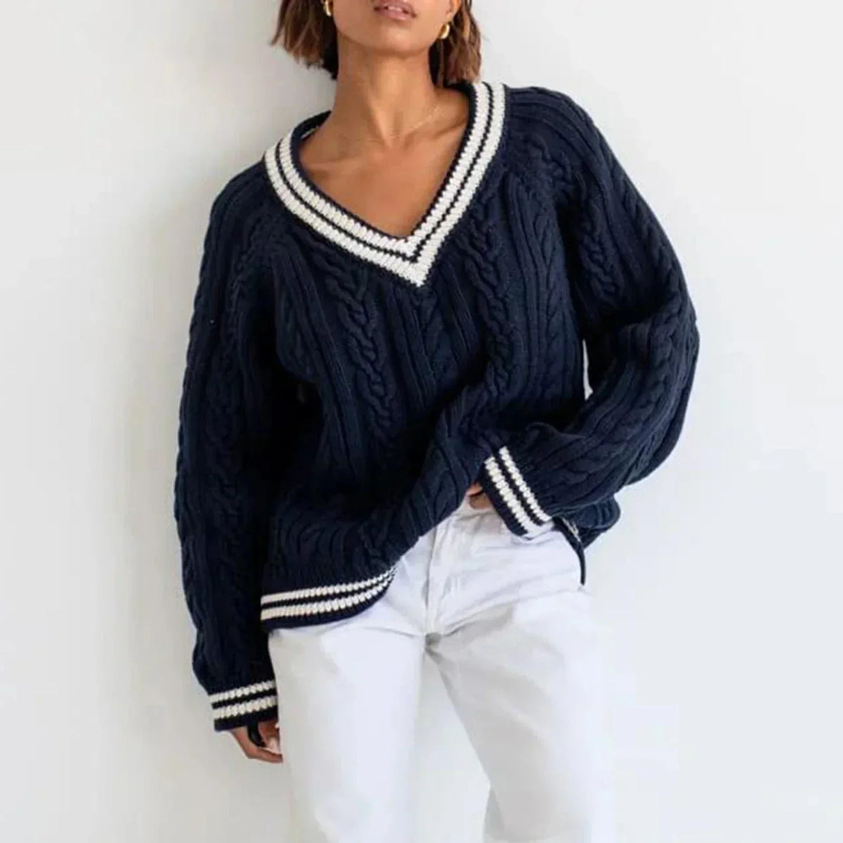 Cable Knit Loose Contrast Trim Sweater