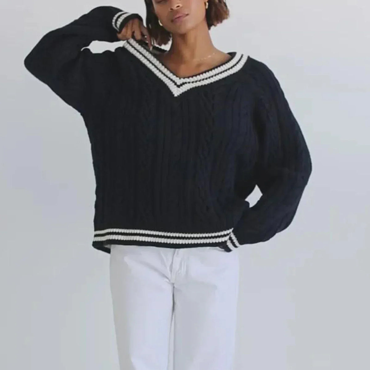 Cable Knit Loose Contrast Trim Sweater
