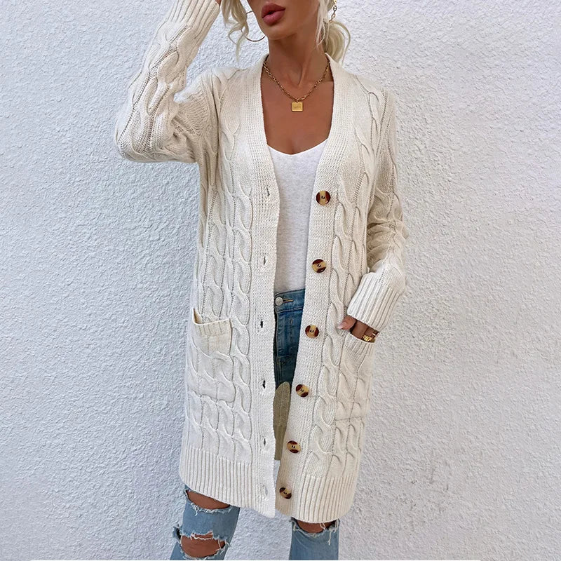 Twisted Rope Solid Color Knitted Long Autumn Winter Sweaters Coats - Fashionpara