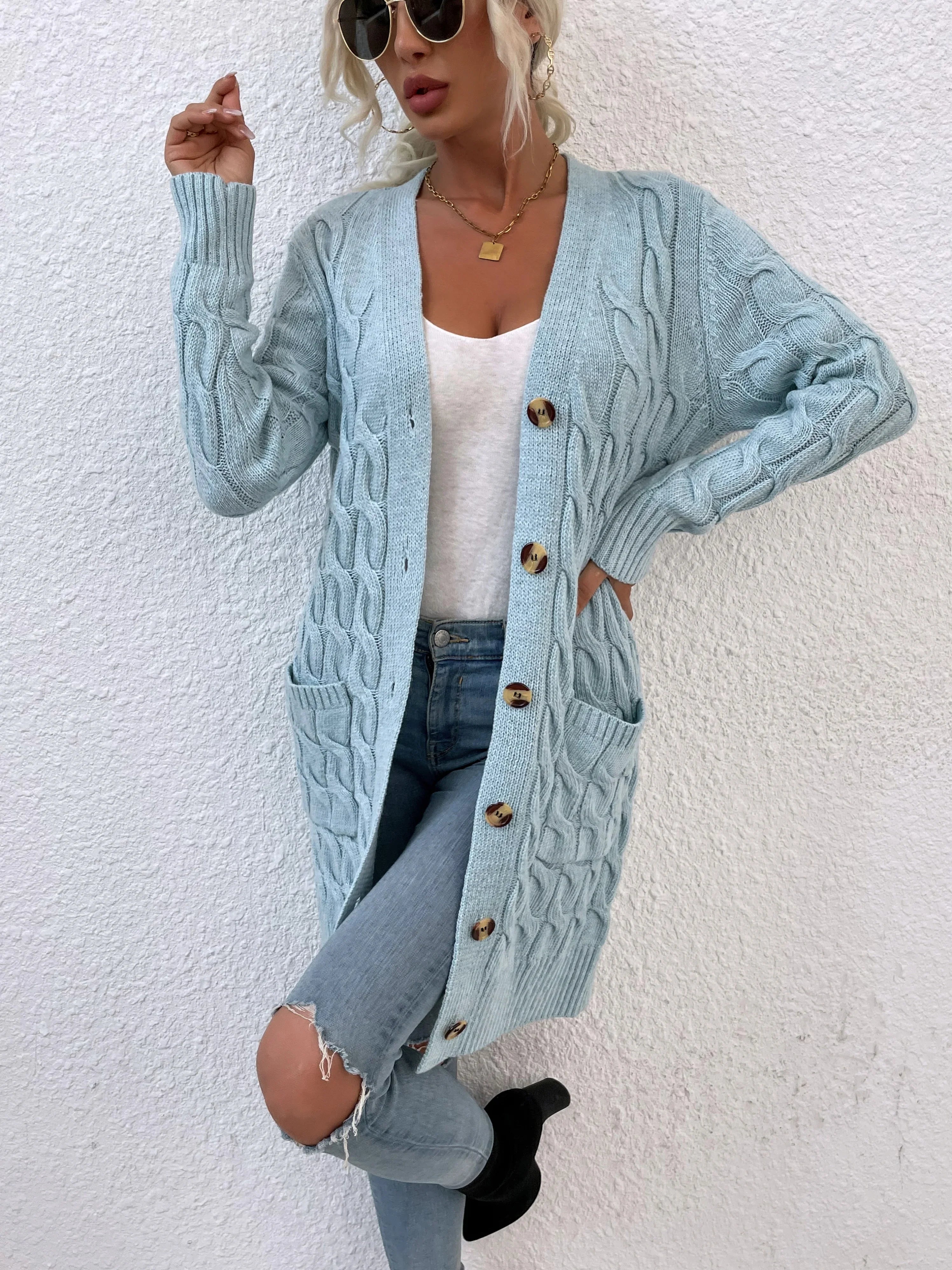 Twisted Rope Solid Color Knitted Long Autumn Winter Sweaters Coats - Fashionpara