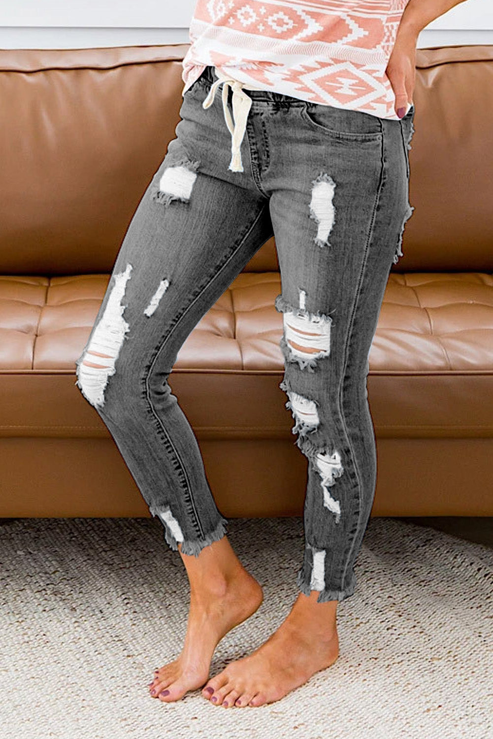 KittenAlarm - Women's Casual Washed Ripped Jeans Skinny Leg Elastic Waist Drawstring Denim Pants