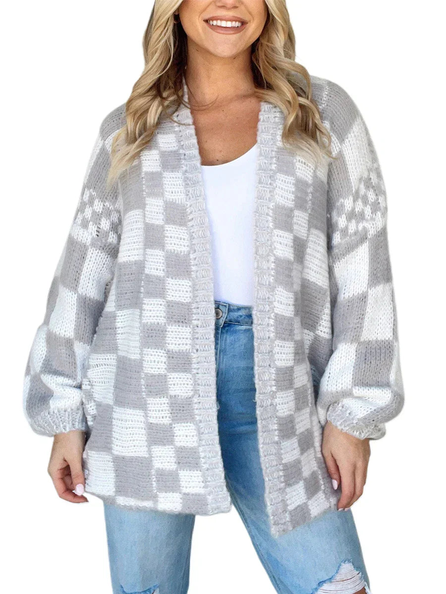 Checkered Loose Long Sleeve Open Front Cardigan