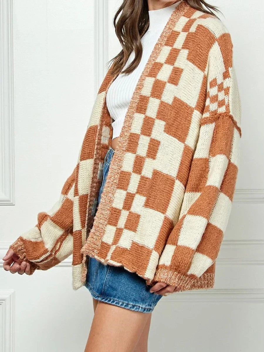 Checkered Loose Long Sleeve Open Front Cardigan light brown / S