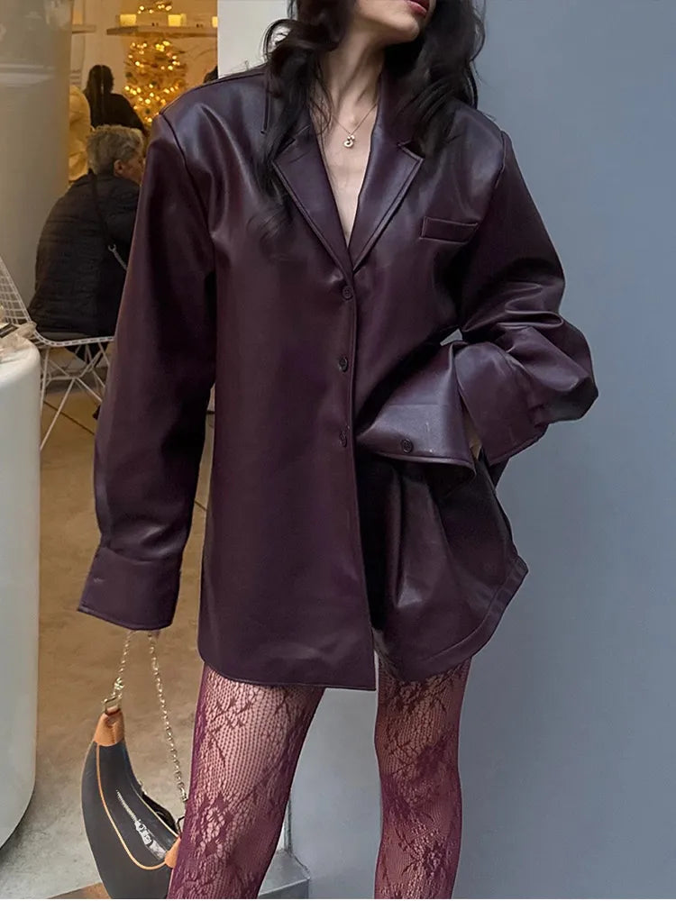 Burgundy Single Breasted PU Leather Coat