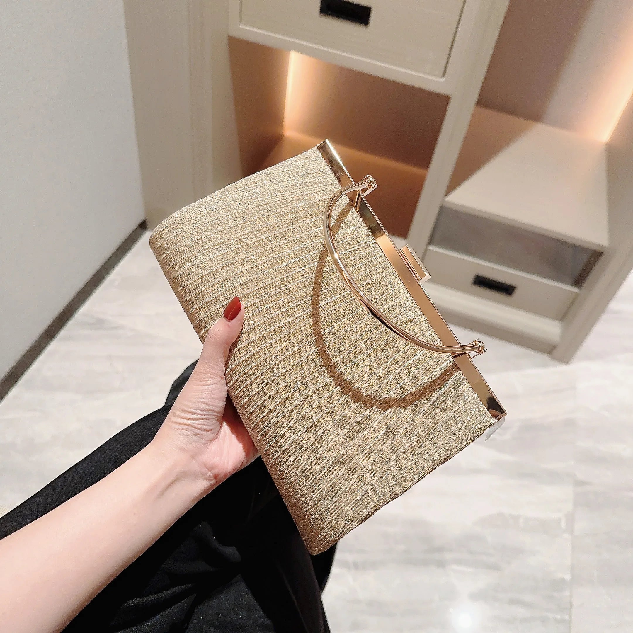 Classic Pleated Evening Bag Sparkling Party Prom Handbag Dress Purse