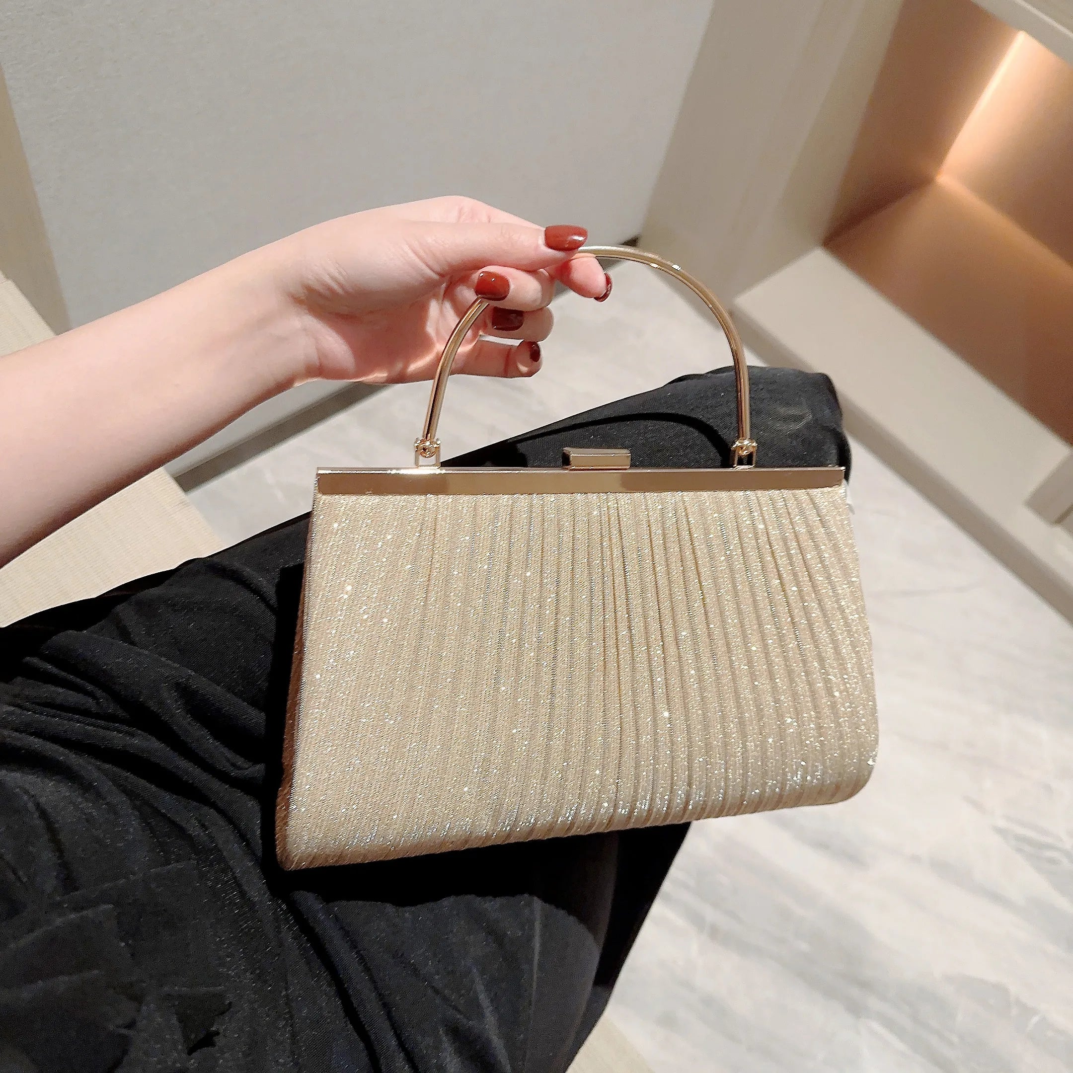 Classic Pleated Evening Bag Sparkling Party Prom Handbag Dress Purse