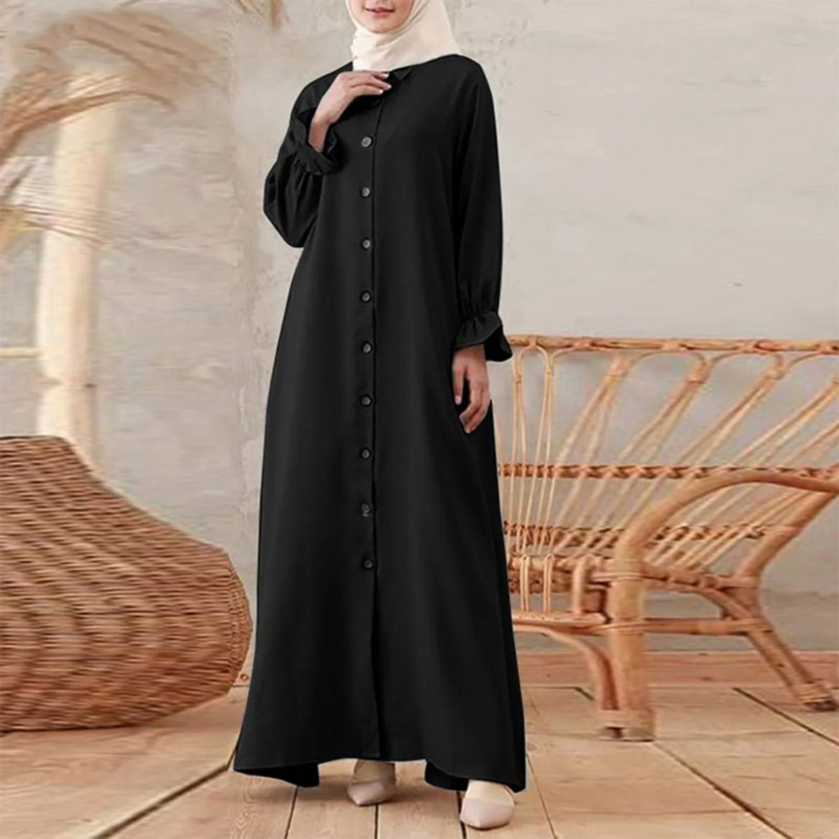 Clothing Long Sleeve Muslim Robe Islamic Clothing Abaya Shirt Buttoned Dubai Turkish Femme Hijab Arabic Wear Dress 7