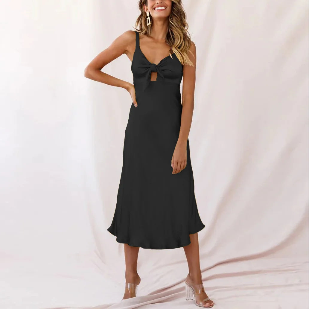 Satin Spaghetti Strap Bow Front Cut Out Slip Midi Dress - View 3