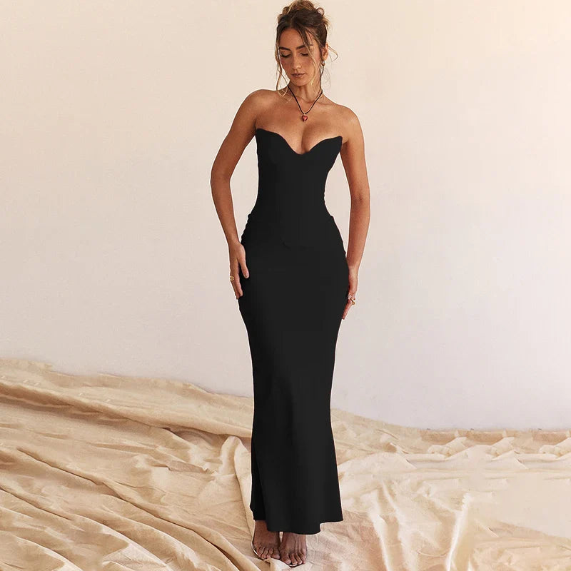 Elegant Fishbone Slim Sheath Fishtail Maxi Dress