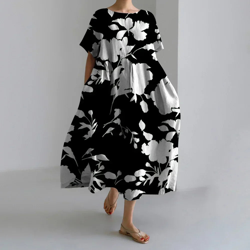 Exquisite 3D Floral Print Short Sleeve Midi Evening Dress black1 / S oldfloraldress-250126