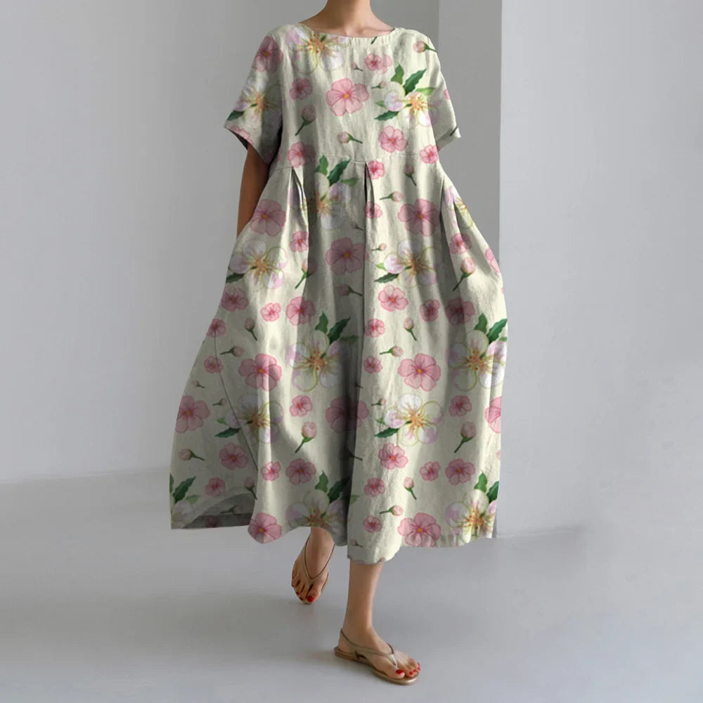 Exquisite 3D Floral Print Short Sleeve Midi Evening Dress