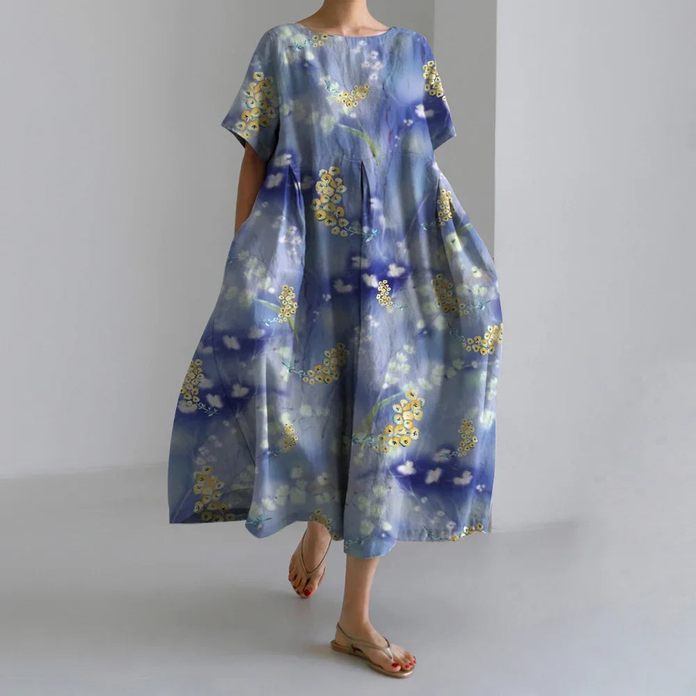 Elegant Autumn Retro Floral Print Round Neck Evening Dress