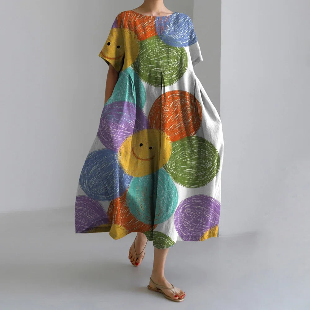 Elegant Autumn Retro Floral Print Round Neck Evening Dress