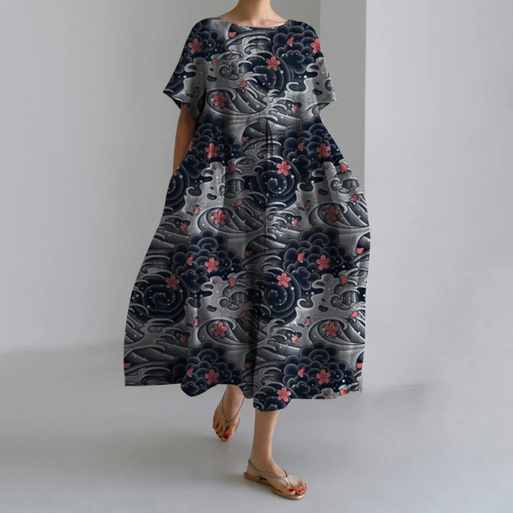 Elegant Autumn Retro Floral Print Round Neck Evening Dress