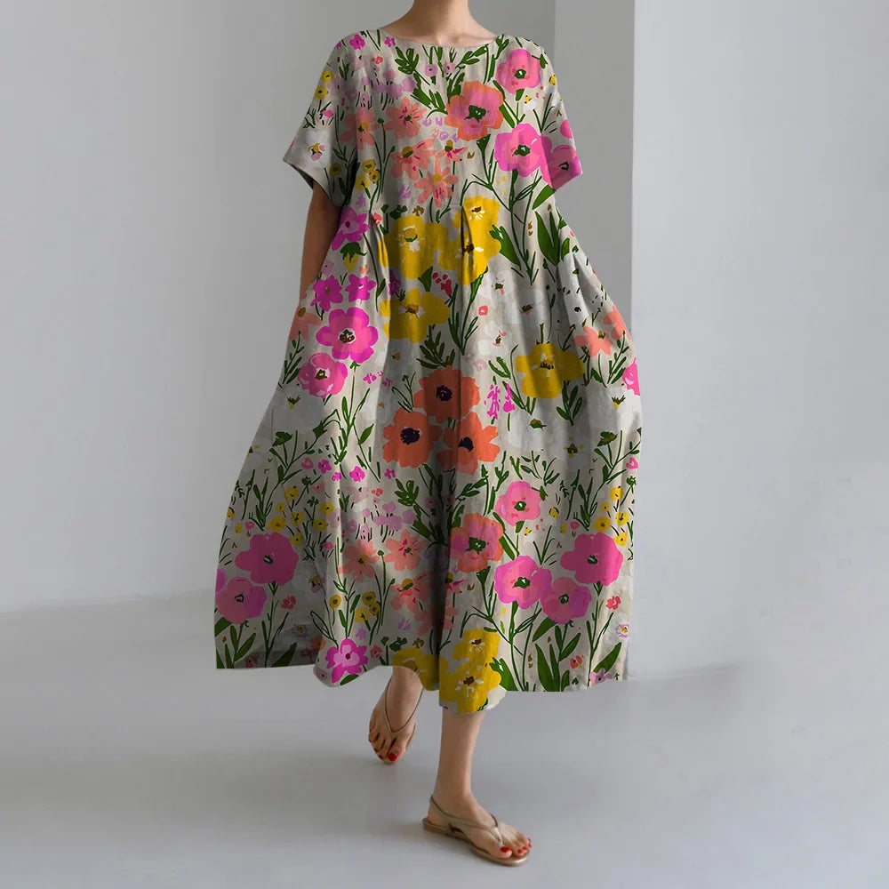 Elegant Autumn Retro Floral Print Round Neck Evening Dress