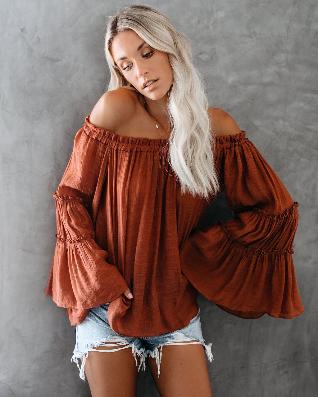 Women's Flare Sleeve Boat Neck Off Shoulder Blouse Summer Women Long Sleeve Top Casual Tops - Fashionpara