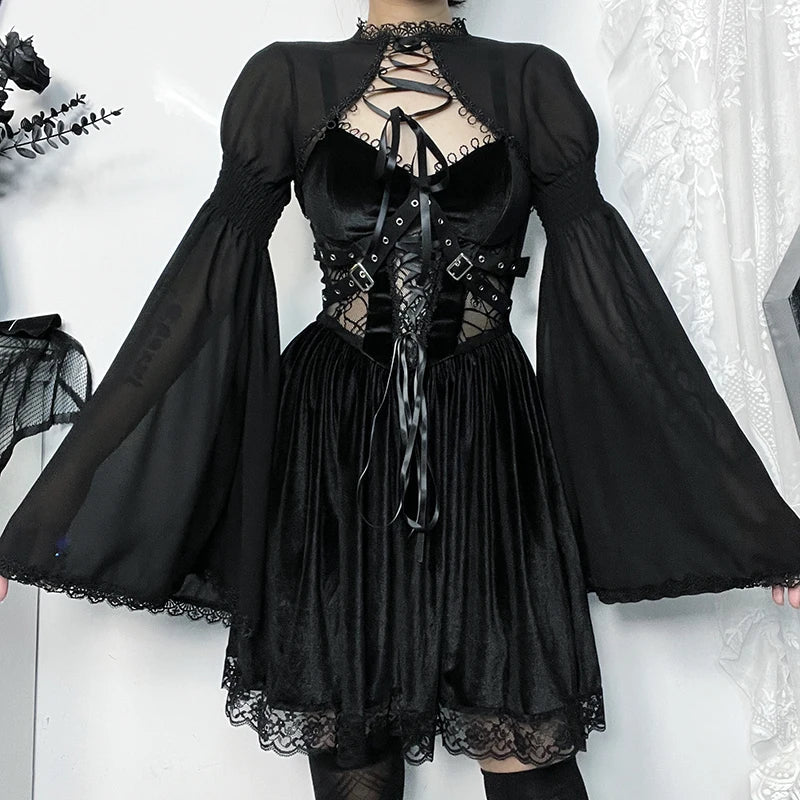 Trendy slim flare-design gothic dark bow-embellished lace party Cardigans - Fashionpara