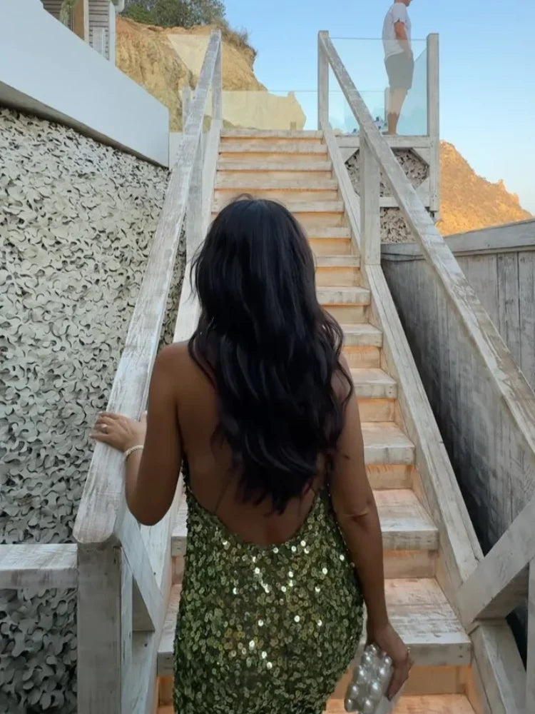 Green Sequin Backless Sling Dress - Sexy Off Shoulder Christmas Party Dress - Fashionpara