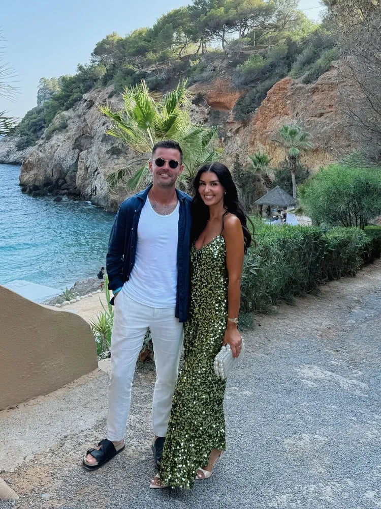 Green Sequin Backless Sling Dress - Sexy Off Shoulder Christmas Party Dress - Fashionpara