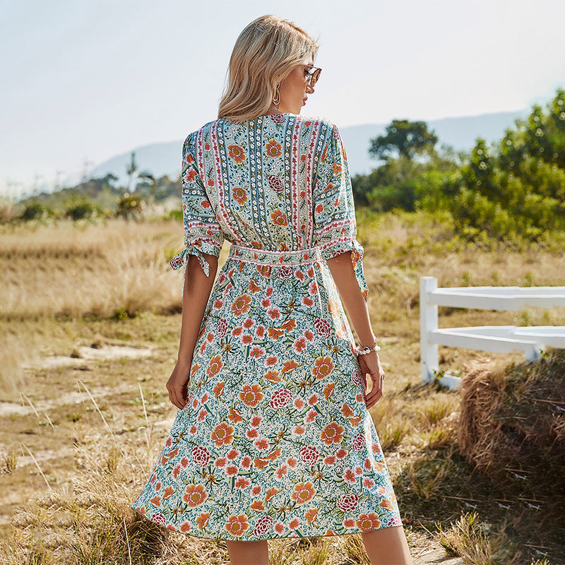 Floral Print V-Neck Tie Sleeve Belted Midi Dress