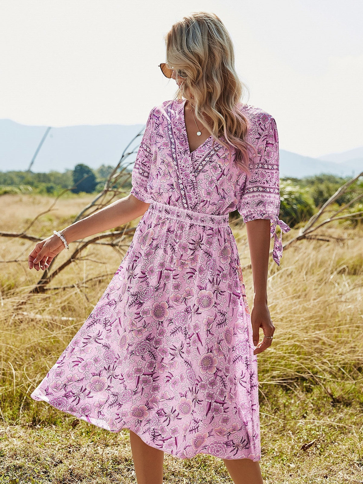Floral Print V-Neck Tie Sleeve Belted Midi Dress