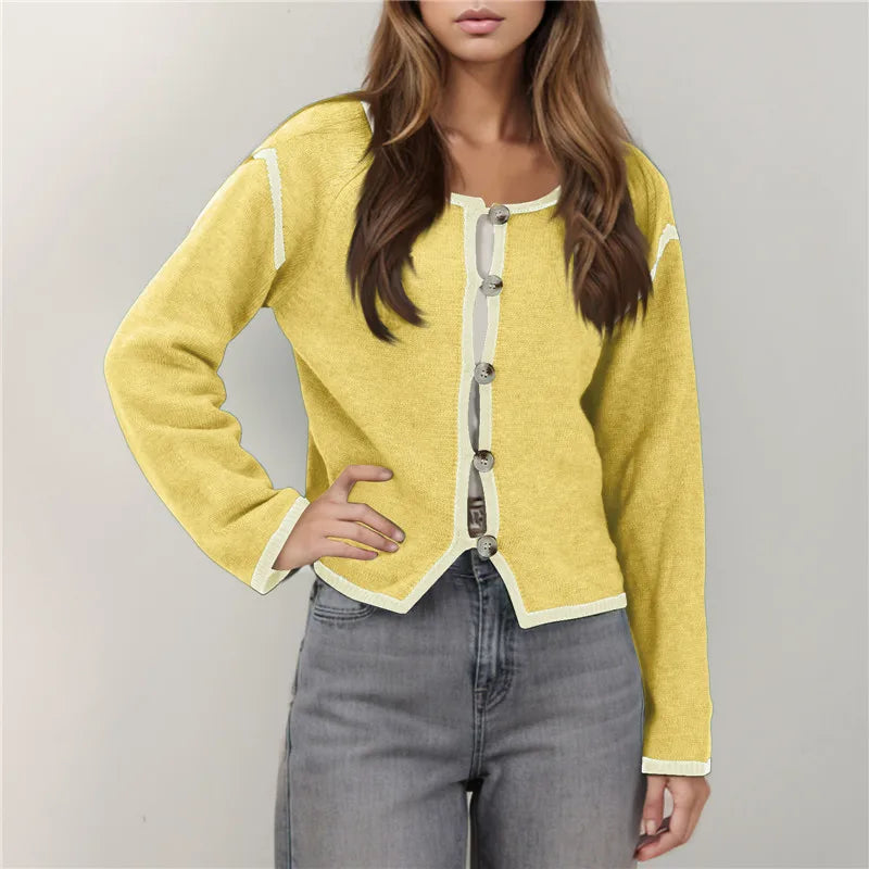 Contrast Stitching Long Sleeve Button Cardigan