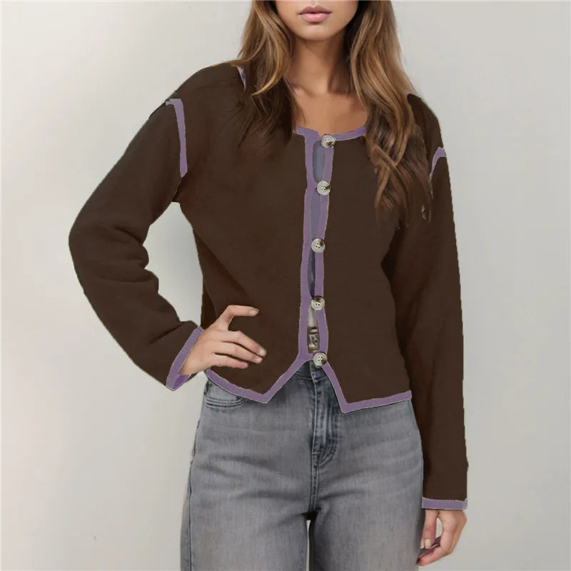 Contrast Stitching Long Sleeve Button Cardigan