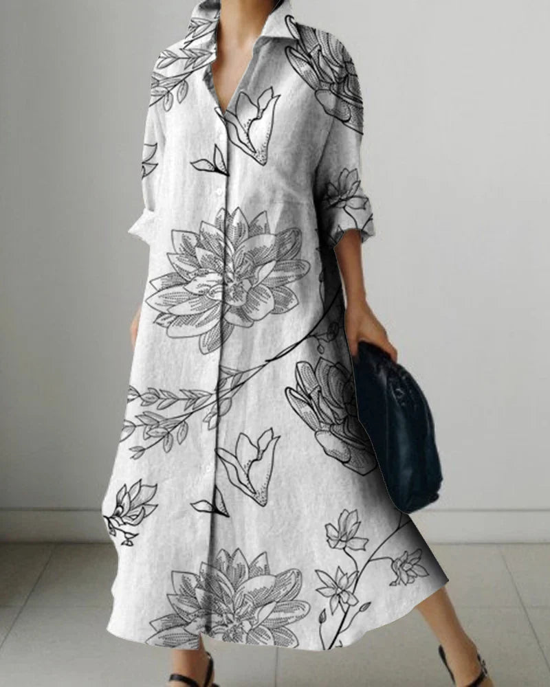 Women's Lapel Long Sleeve Floral Print Shirt Dress