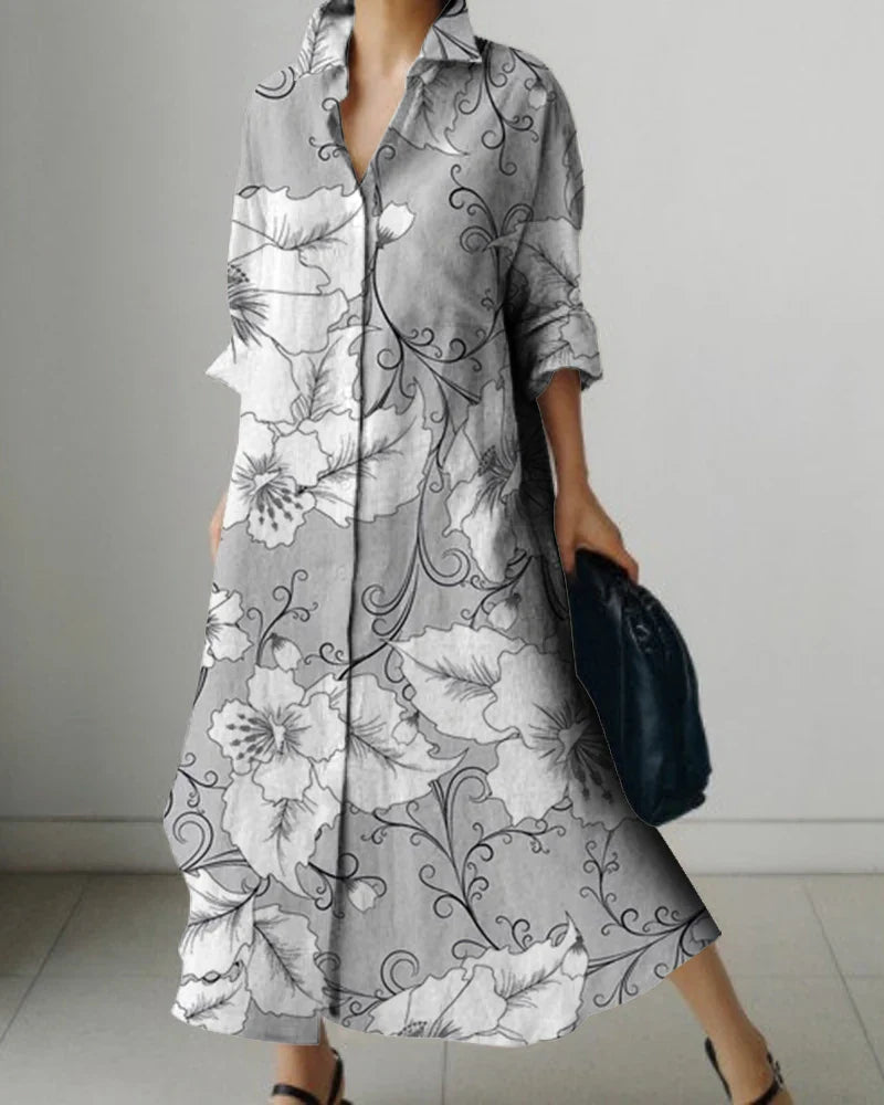 Women's Lapel Long Sleeve Floral Print Shirt Dress