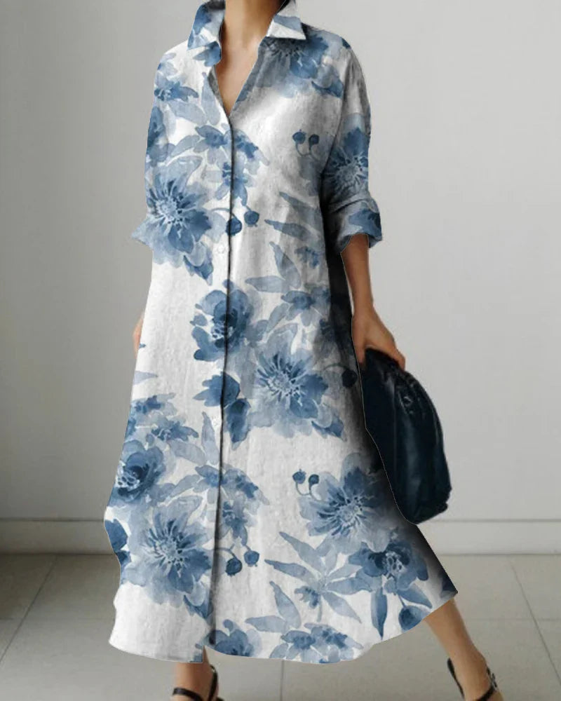 Women's Lapel Long Sleeve Floral Print Shirt Dress