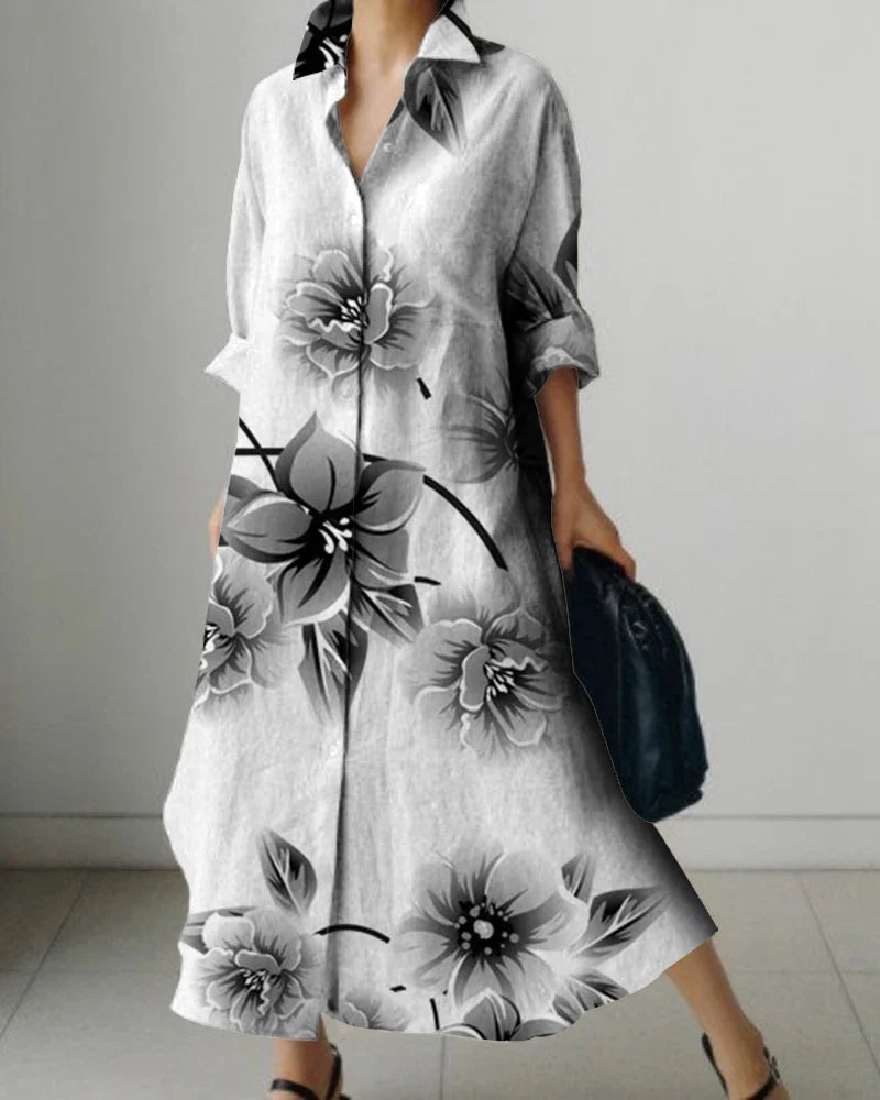 Women's Lapel Long Sleeve Floral Print Shirt Dress