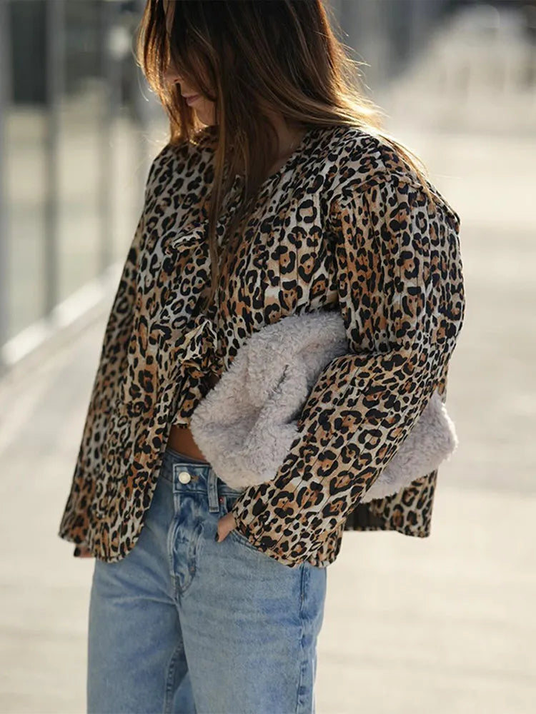 Leopard Print Lace Long Sleeved Quilted Casual Fashion Coats - Fashionpara