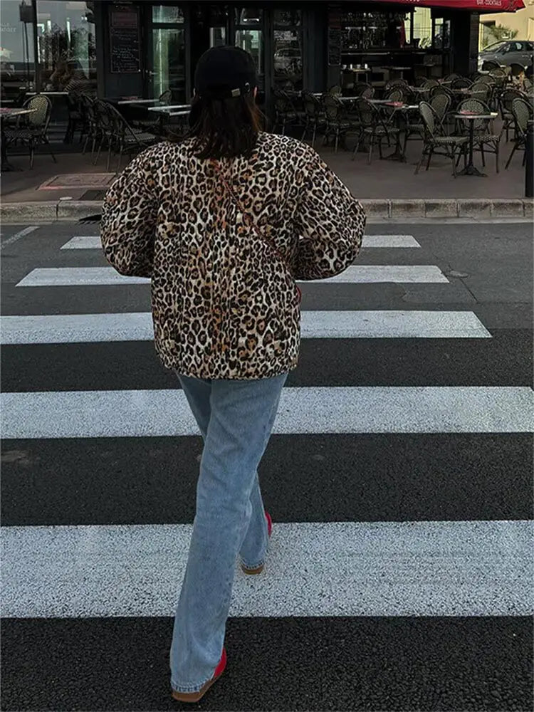 Leopard Print Lace Long Sleeved Quilted Casual Fashion Coats - Fashionpara