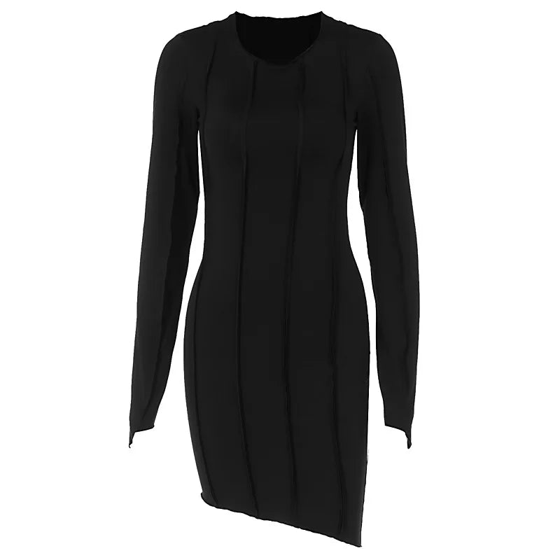 Seam-Detail Round Neck Long Sleeve Bodycon Mini Dress 4