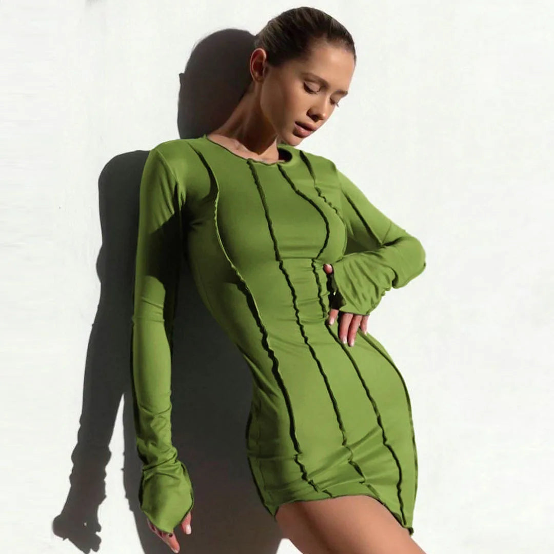 Seam-Detail Round Neck Long Sleeve Bodycon Mini Dress 7