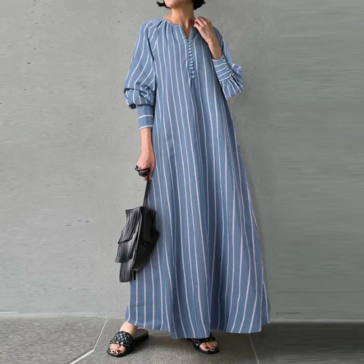 Striped Henley Neck Long Sleeve Oversized Maxi Dress 2