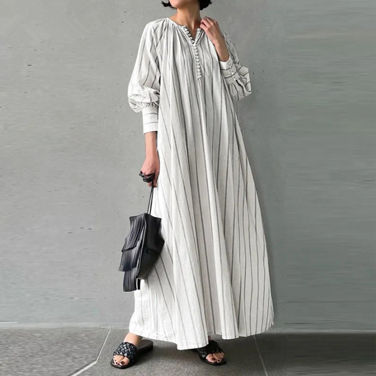 Striped Henley Neck Long Sleeve Oversized Maxi Dress 6