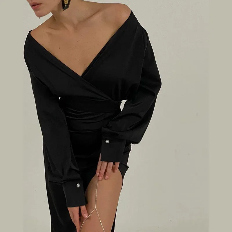 One Shoulder Long Sleeve Ruched High Split Maxi Dress - View 7