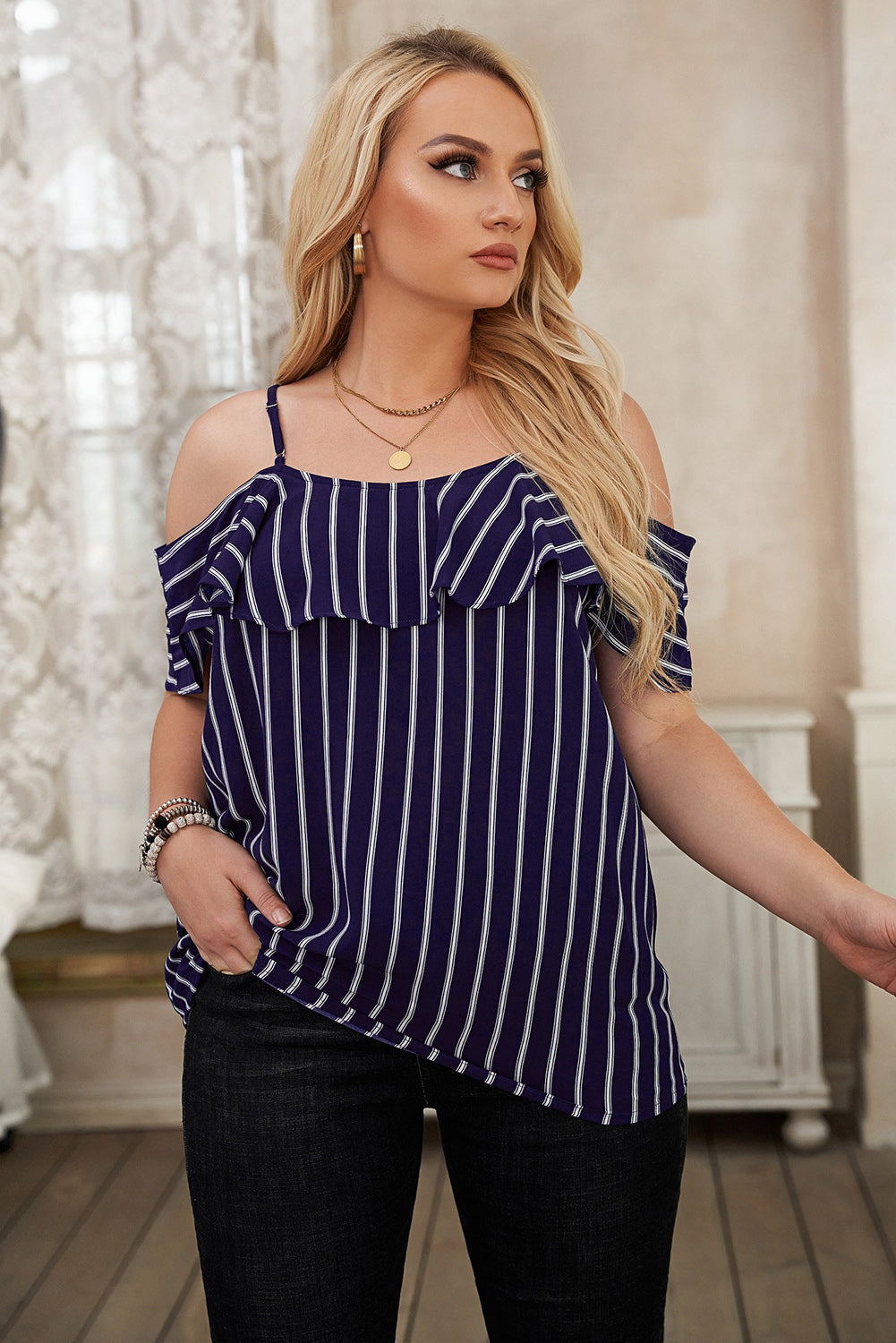 Women's Plus Size Casual Blouse Summer V Neck Stripe Sling Strapless T-Shirt Top - Fashionpara