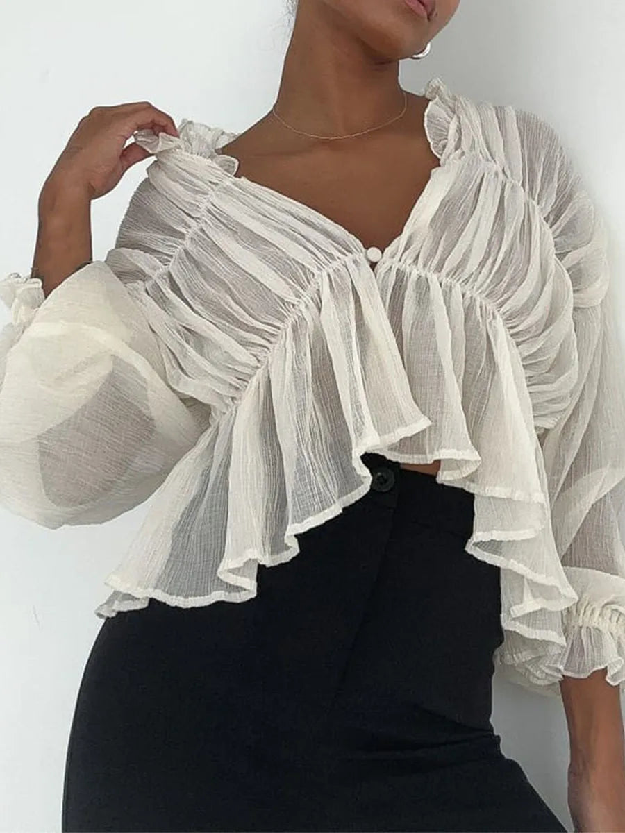 Retro Sheer Mesh Lantern Sleeve Blouse