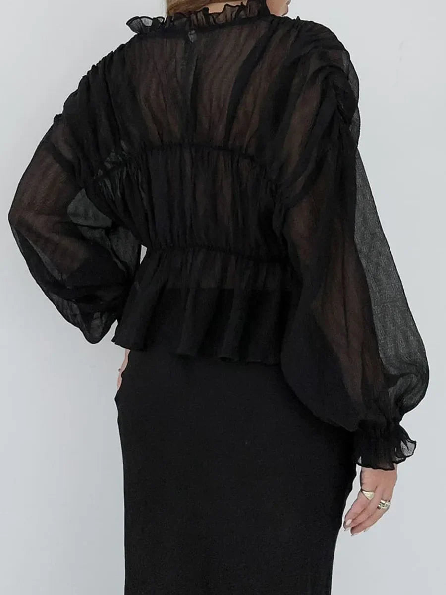 Retro Sheer Mesh Lantern Sleeve Blouse